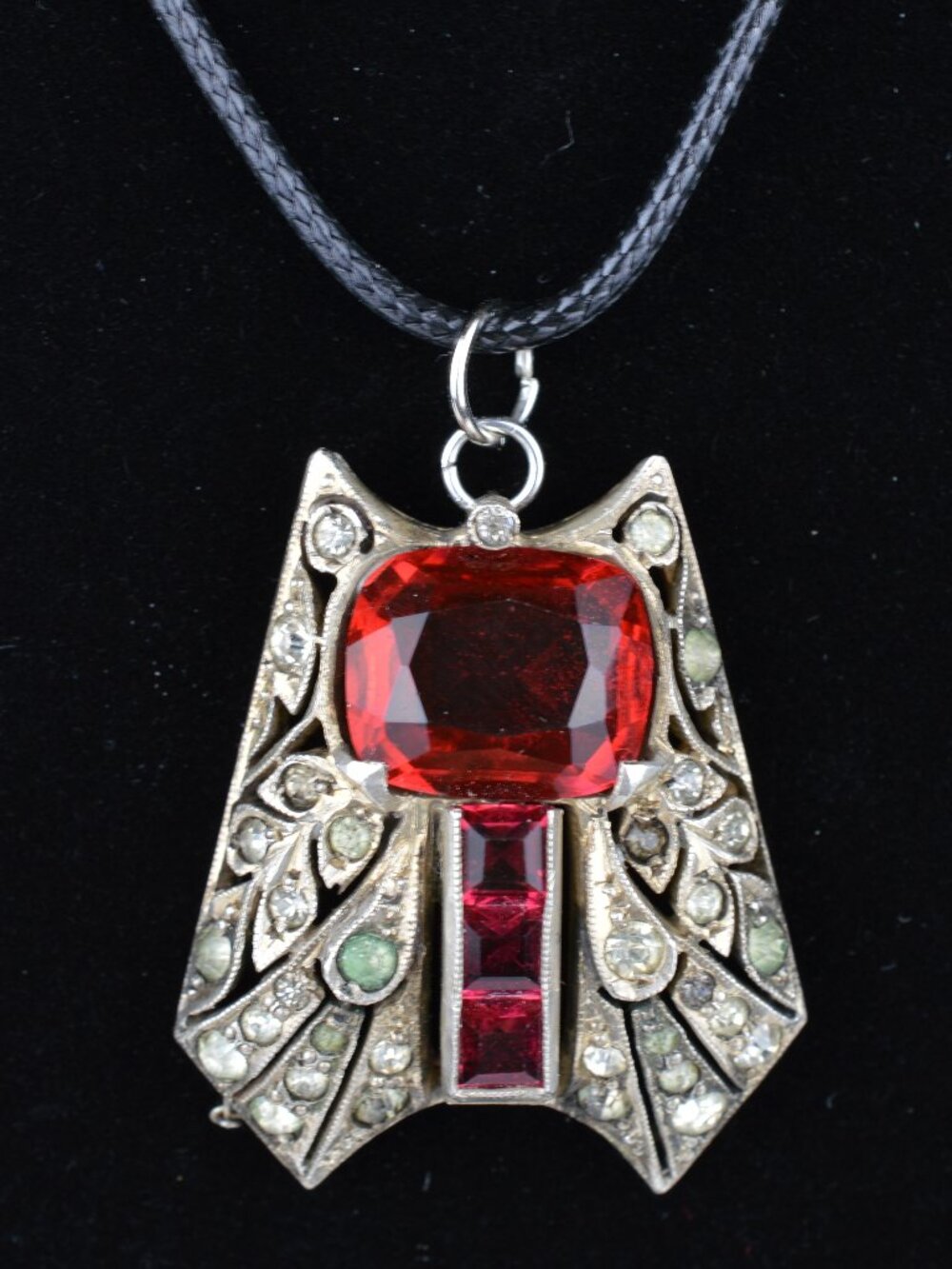 Vintage Art Deco Sterling Silver Red Crystal Rhinestone Filigree Pendant 9.4g